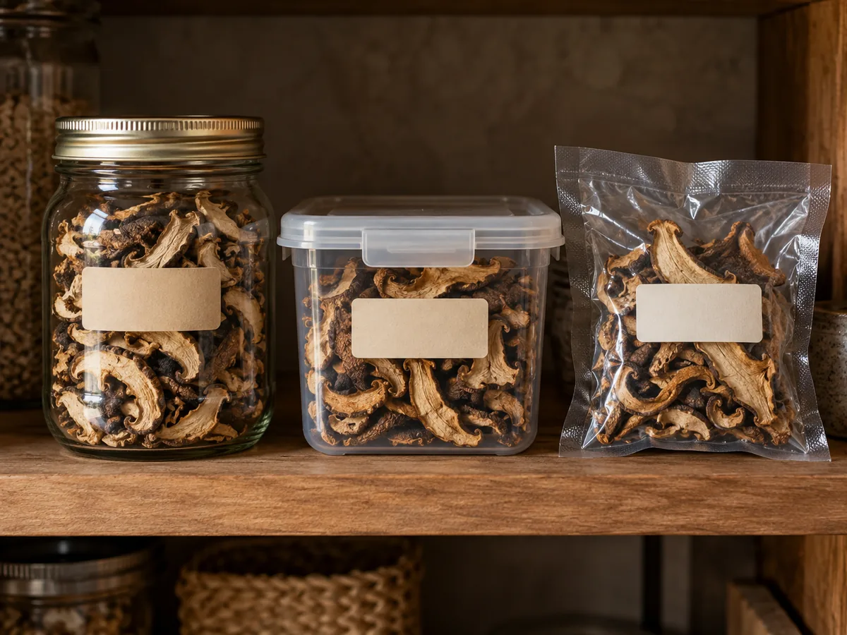 Small final packages of dried mushrooms in a closed glass jar, rigid freezer container, and vacuum-sealed pouch