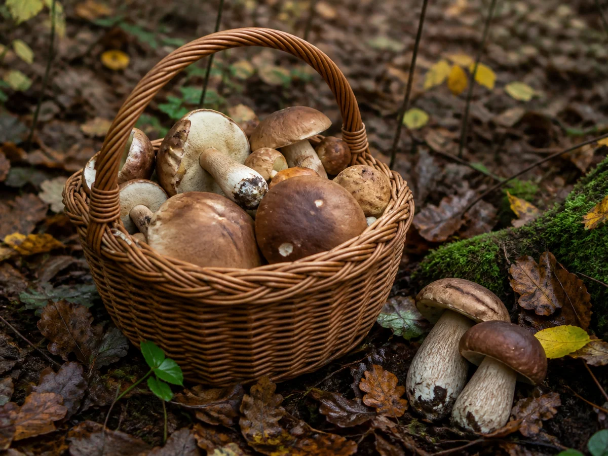 Wicker basket of freshly picked brown mushrooms on damp autumn leaf litter in woodland