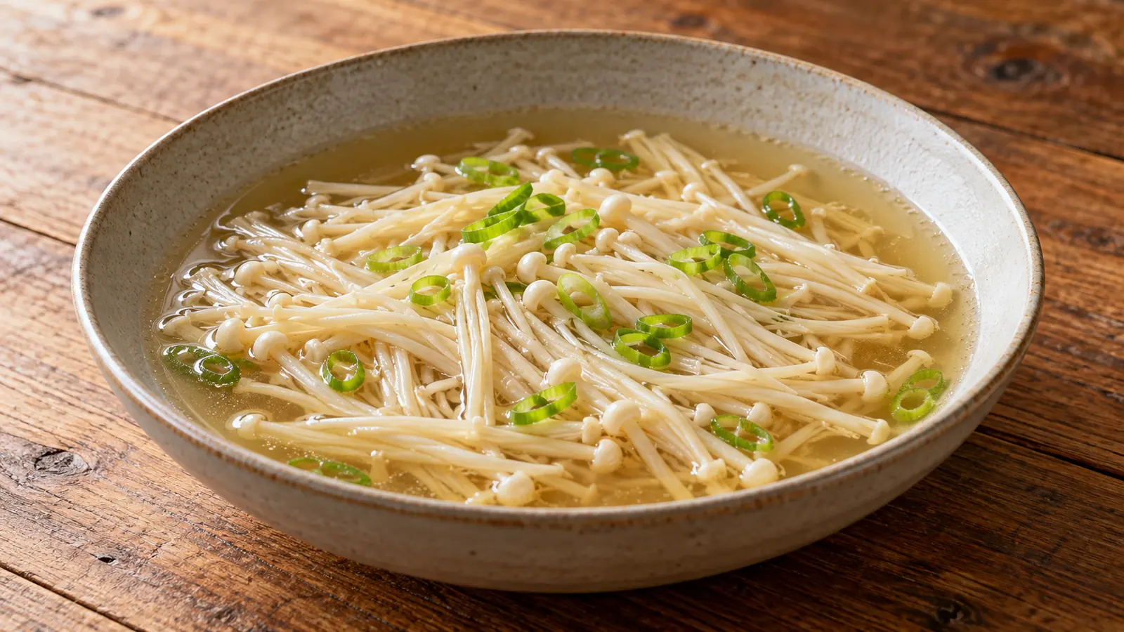 Cooked enoki stems and small caps in a ceramic bowl of broth with scallion rings