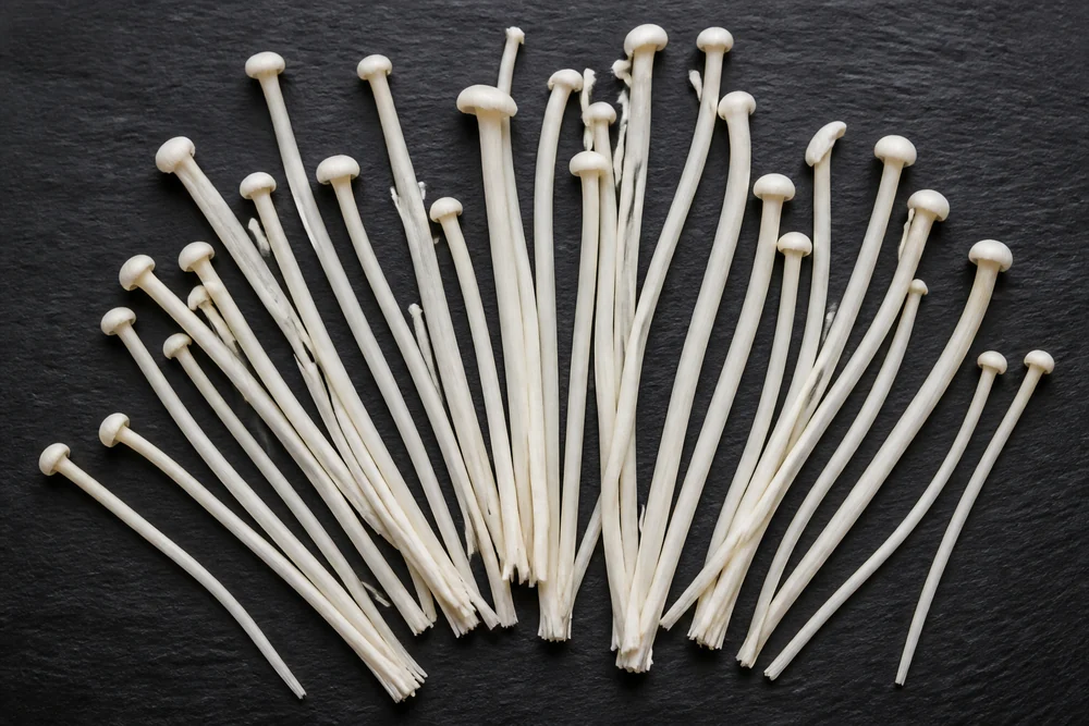 Separated white enoki mushroom strands fanned out on a dark slate board showing the long thin stems and tiny caps individually