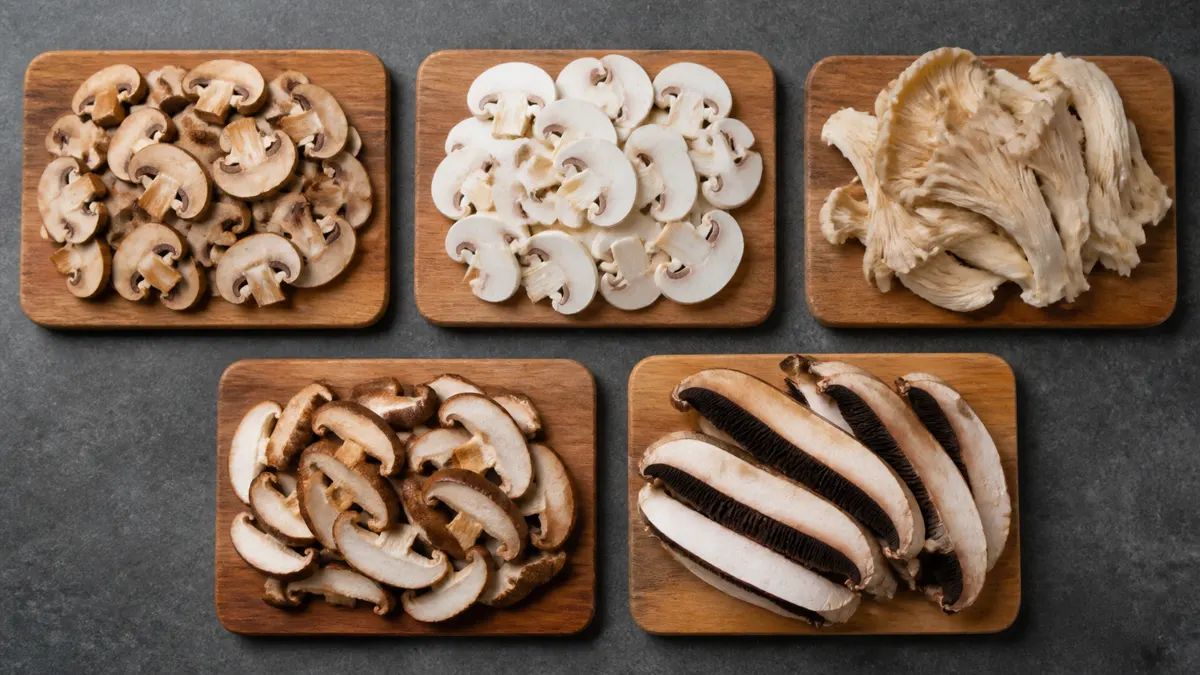 Sliced cremini, sliced white button, torn oyster mushrooms, stemless shiitake caps, and portobello strips