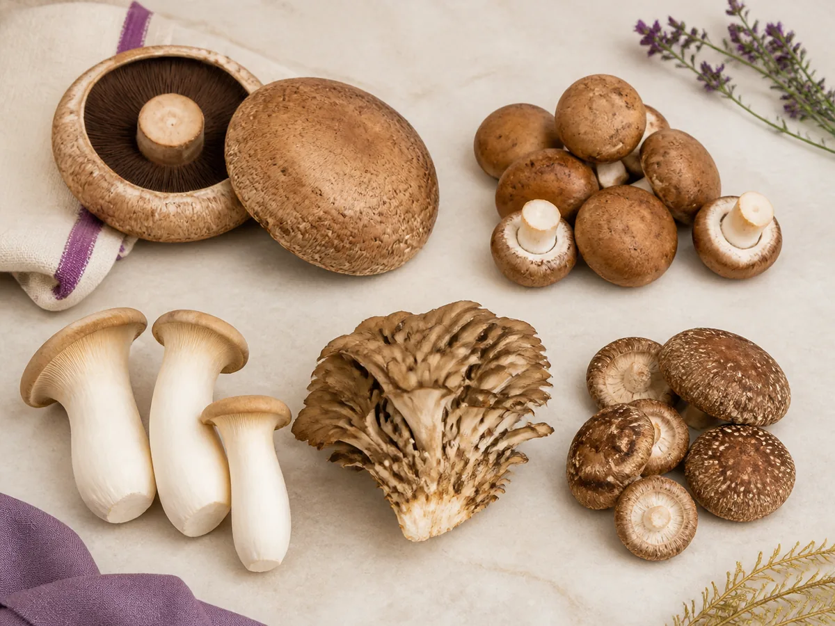 Portobello, cremini, king oyster, maitake, and shiitake mushrooms arranged in separate groups