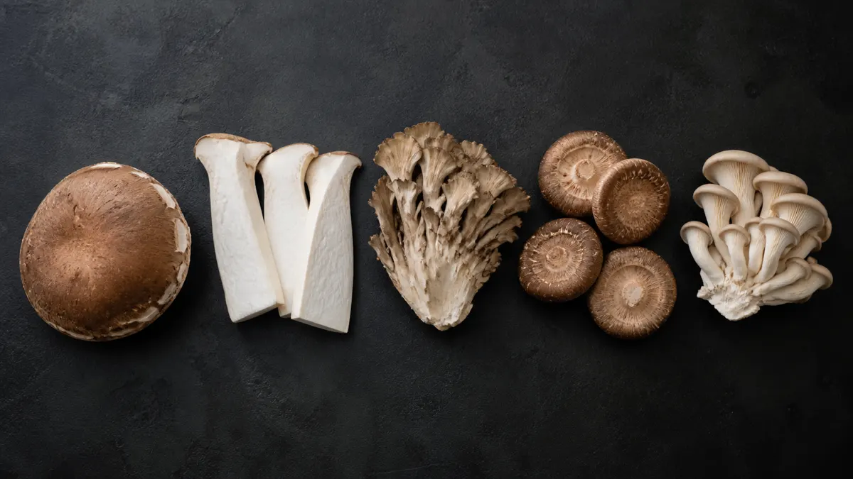 Whole portobello cap, king oyster slabs, attached maitake wedge, shiitake caps, and oyster cluster