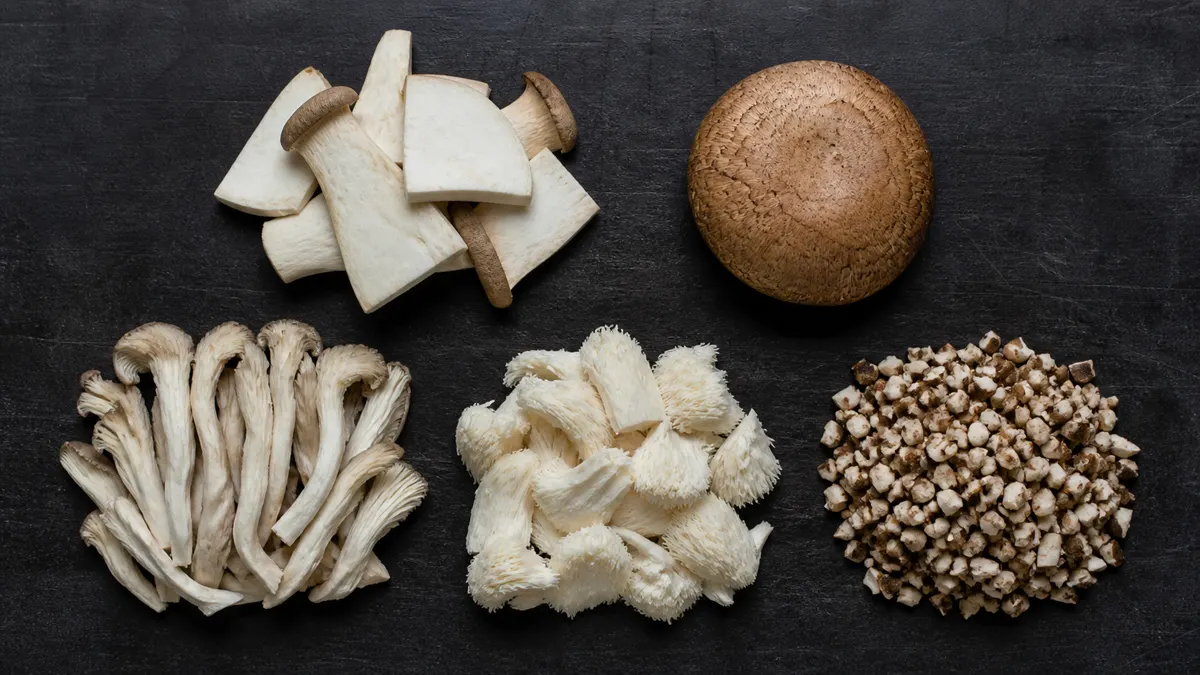 King oyster slabs, whole portobello cap, torn oyster mushrooms, lion's mane flakes, and cremini mince