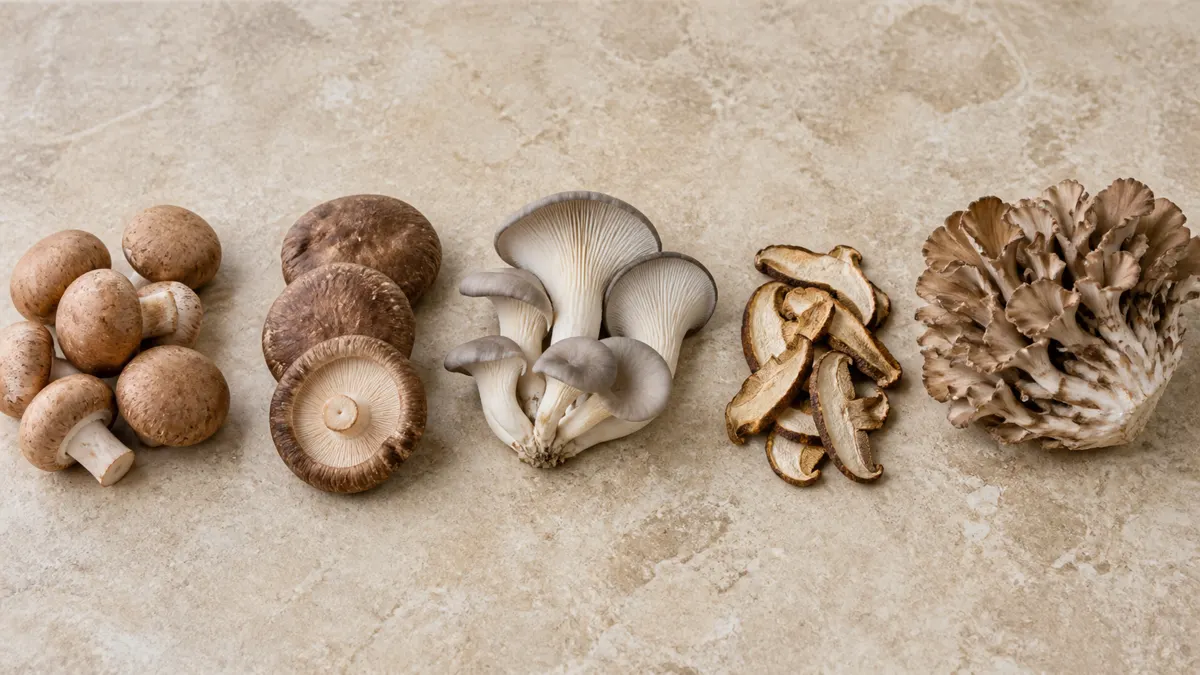 Cremini, shiitake, oyster, dried porcini, and maitake in separate ingredient groups