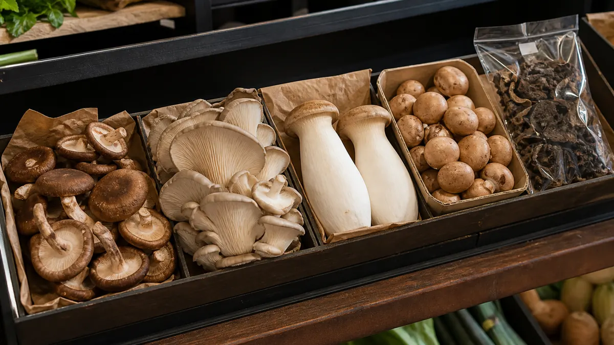 Shiitake, oyster, king oyster, cremini, and wood ear mushrooms arranged in separate market groups