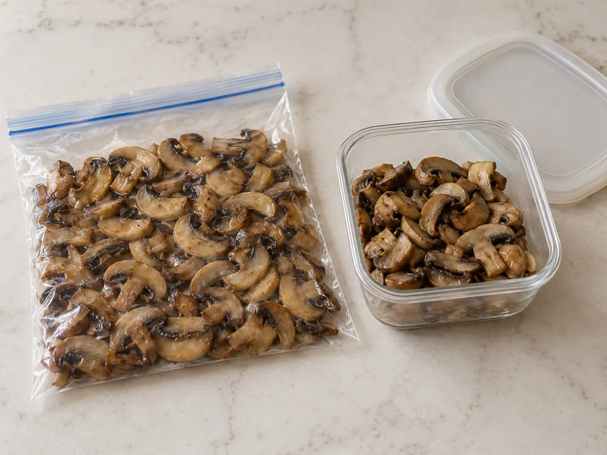 Cooked mushroom portions in a flattened freezer bag and a small container with space below its rim