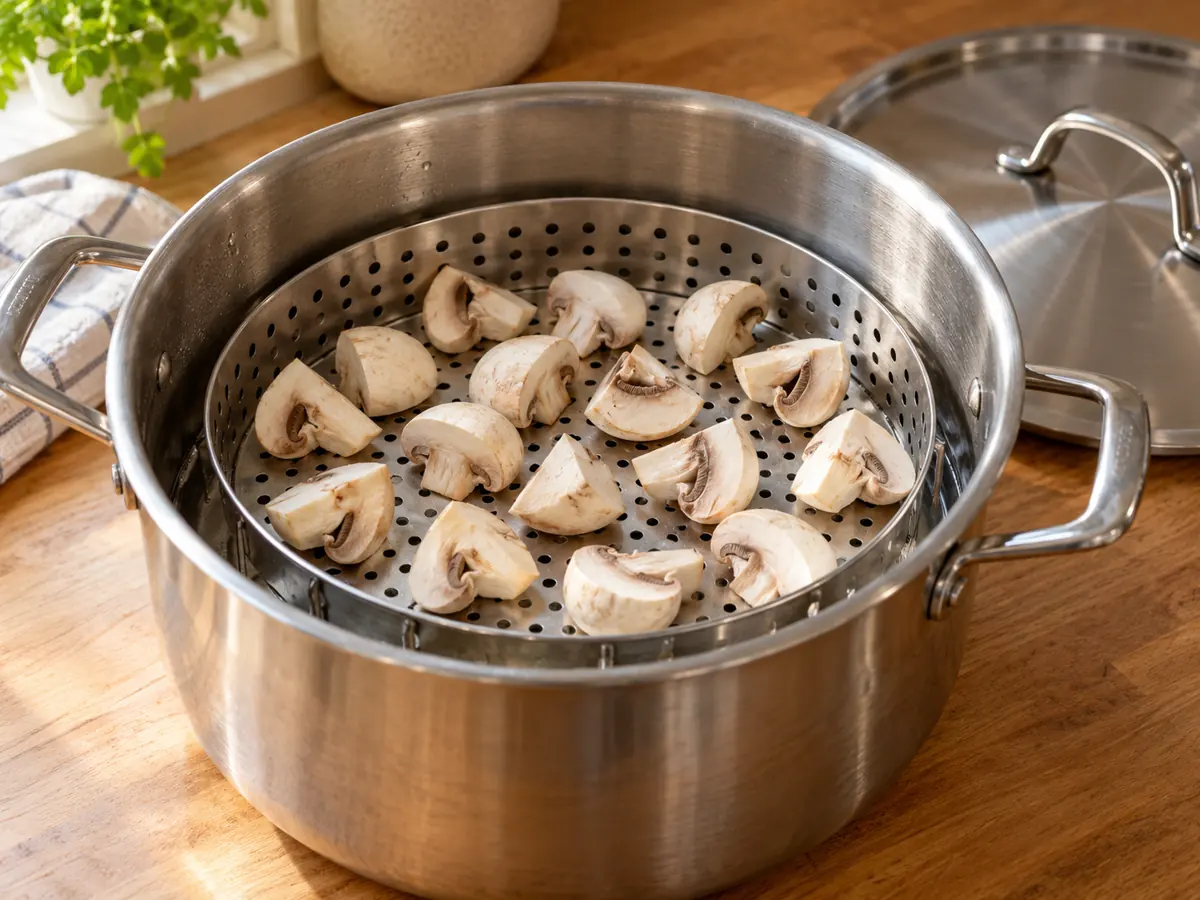 Cut white button mushrooms arranged in a single layer in a perforated steamer basket