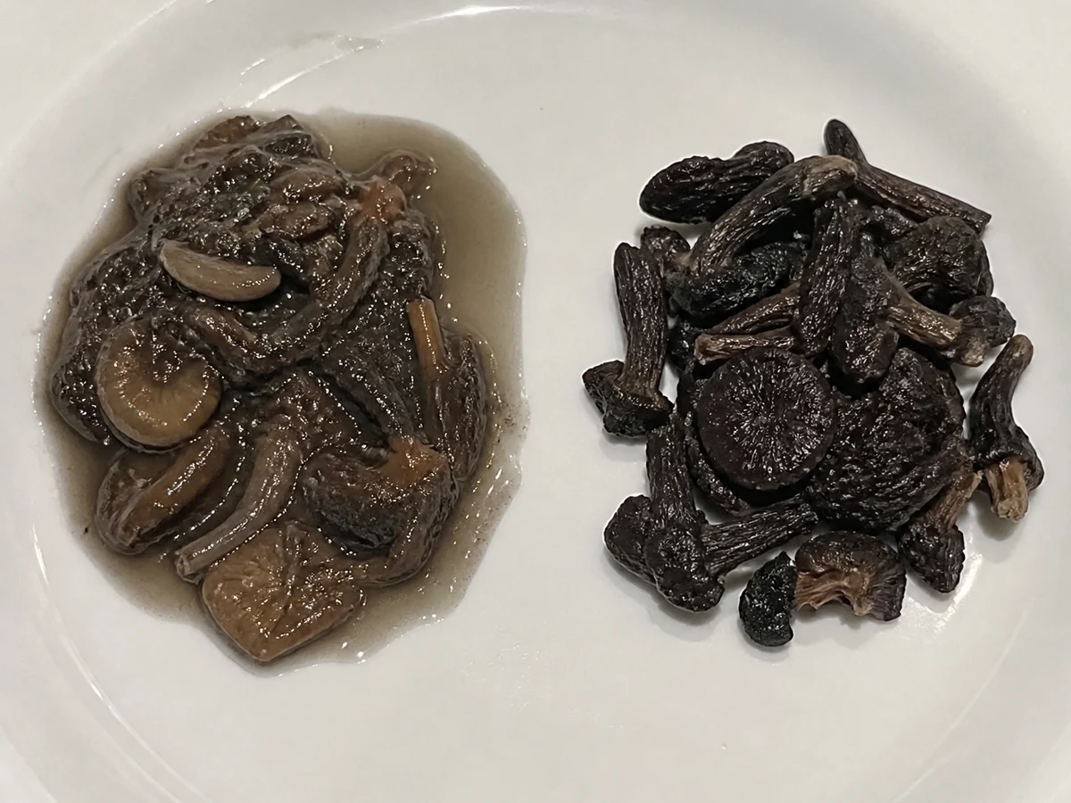 Two portions of thawed mushrooms side by side, one collapsed in gray liquid and one dark and intact