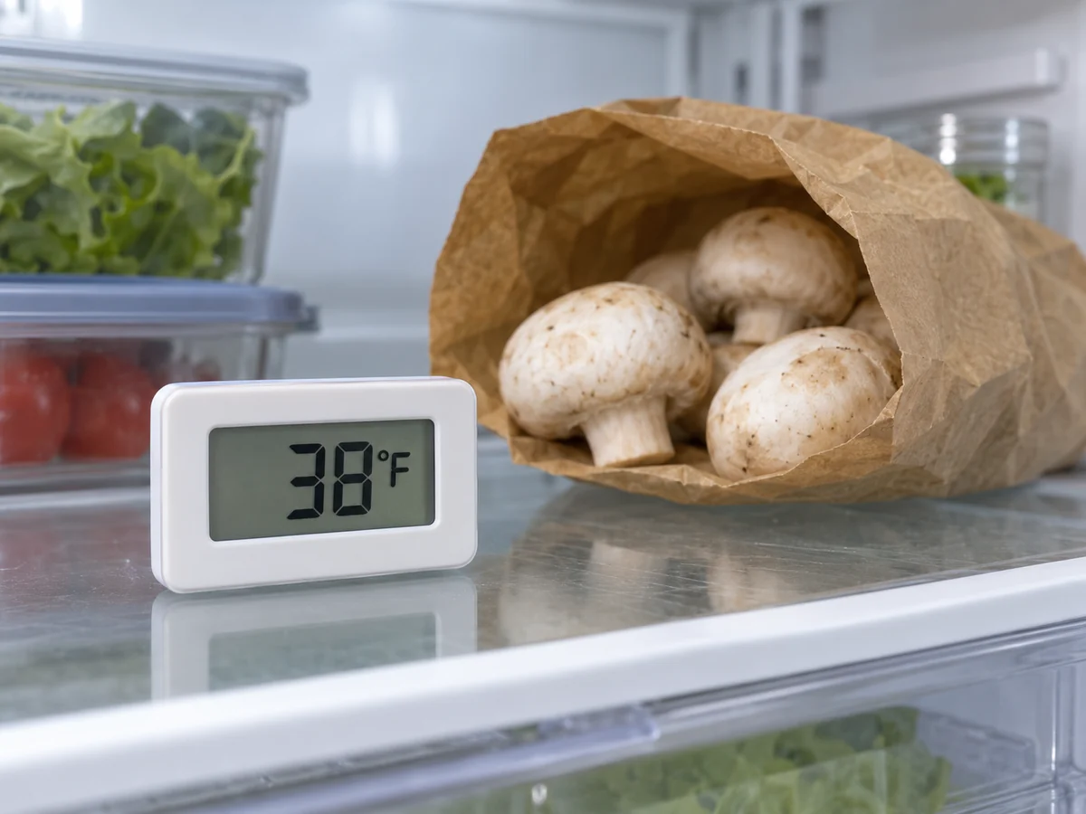 Refrigerator thermometer reading 38°F beside a mushroom package