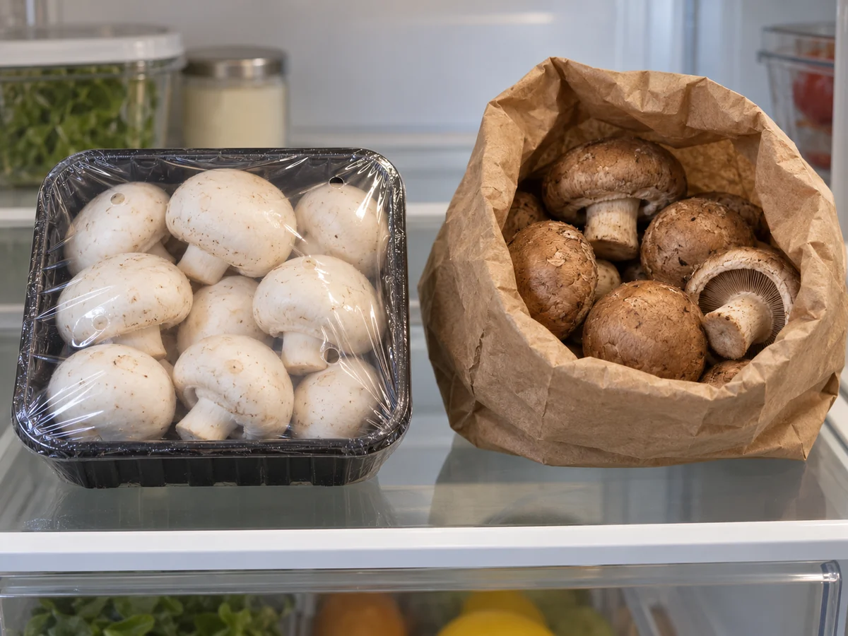 Unopened film-wrapped mushroom tray beside loose mushrooms in an open paper bag