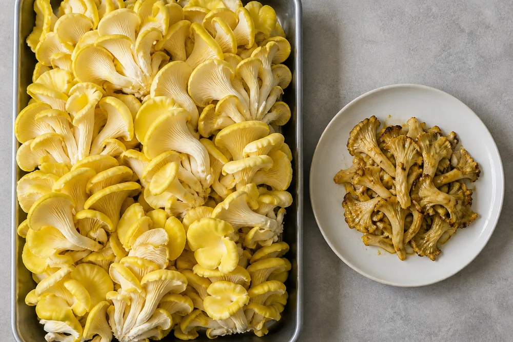 A large tray of fresh bright yellow golden oyster mushroom clusters beside a small finished plate of the same mushrooms cooked