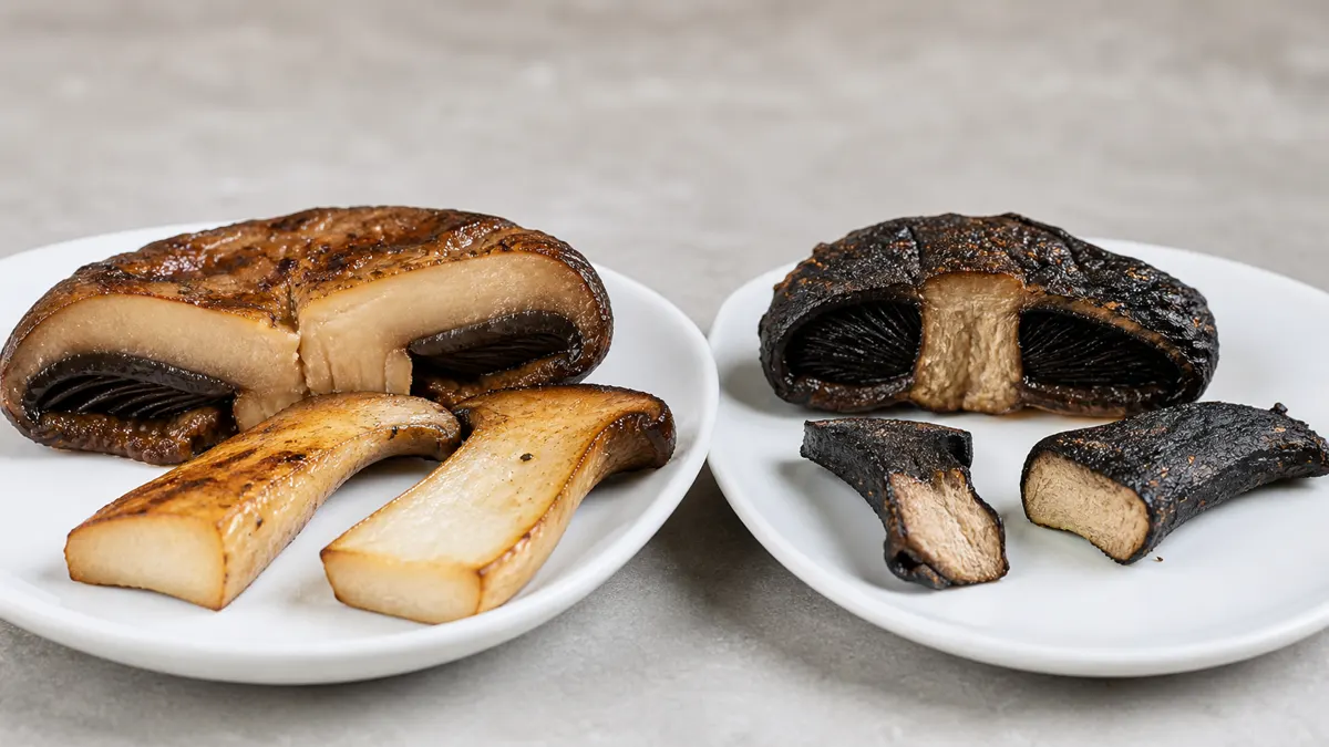 Moist grilled mushroom cross sections beside shrunken dry and heavily charred pieces