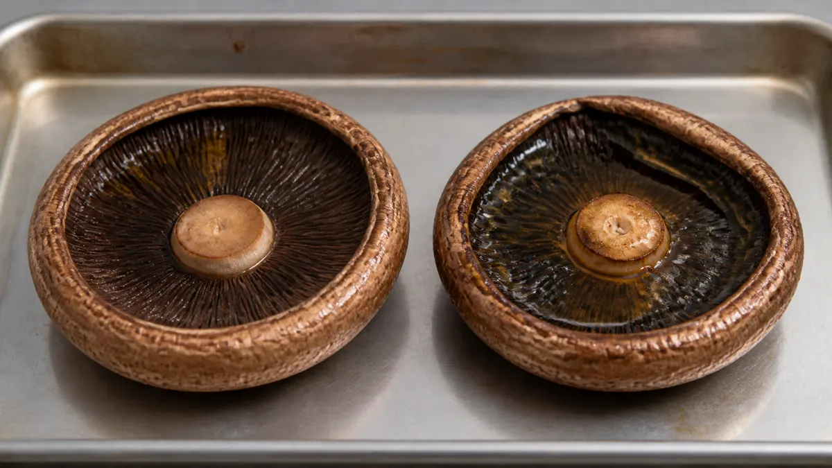 Portobello cap with a thin oil sheen beside a cap holding pooled marinade