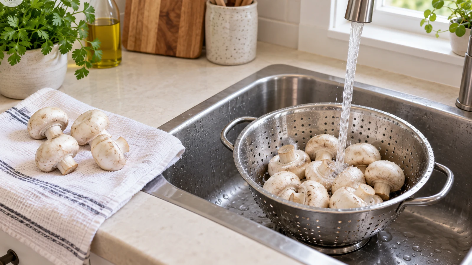 Fresh cultivated button mushrooms rinsing in a colander beside a clean towel