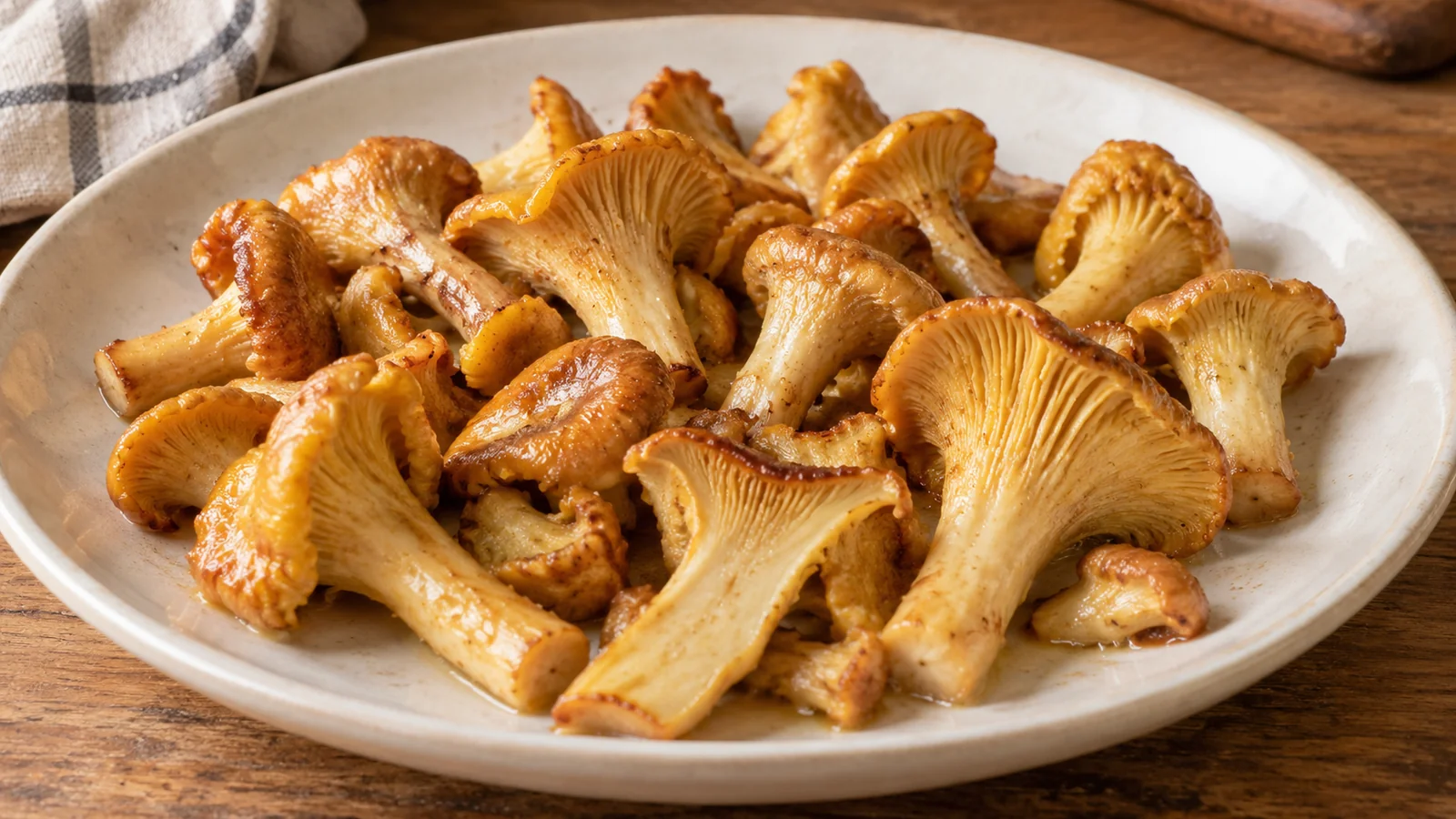 Whole and lengthwise-split golden chanterelles with lightly browned edges on a cream plate