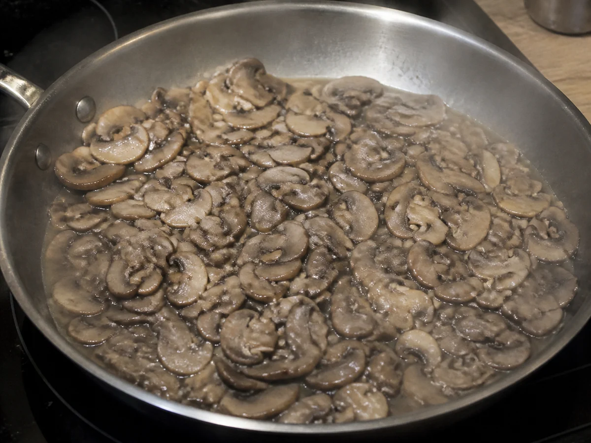 Frying pan piled too full of sliced mushrooms sitting in a pool of gray liquid, pale and steaming rather than browned