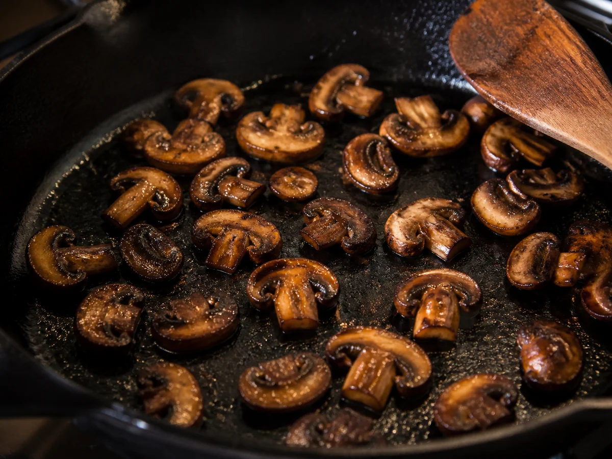 Sliced cremini mushrooms in a hot cast iron pan spread in a single layer with clear space between the pieces and deep brown surfaces