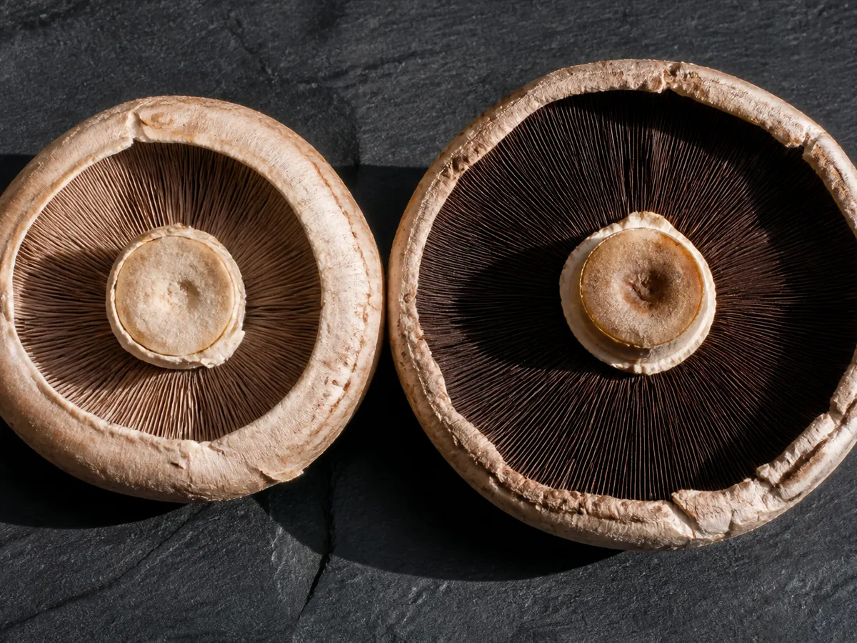 Cremini and portobello lying gill side up side by side on dark slate, one with tightly packed pale gills and one with wide dark exposed gills
