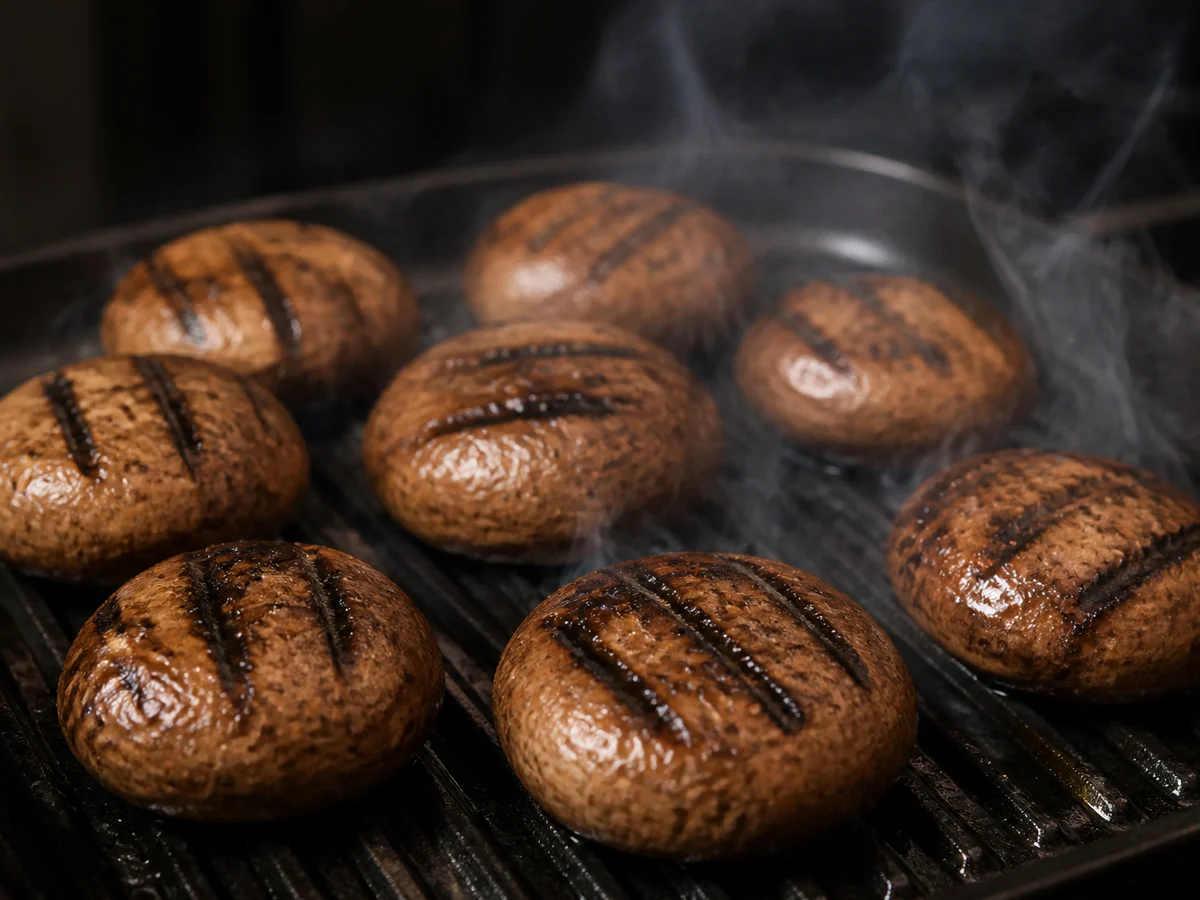 Whole cremini mushroom caps on a hot ridged grill pan with dark char lines across the domed tops
