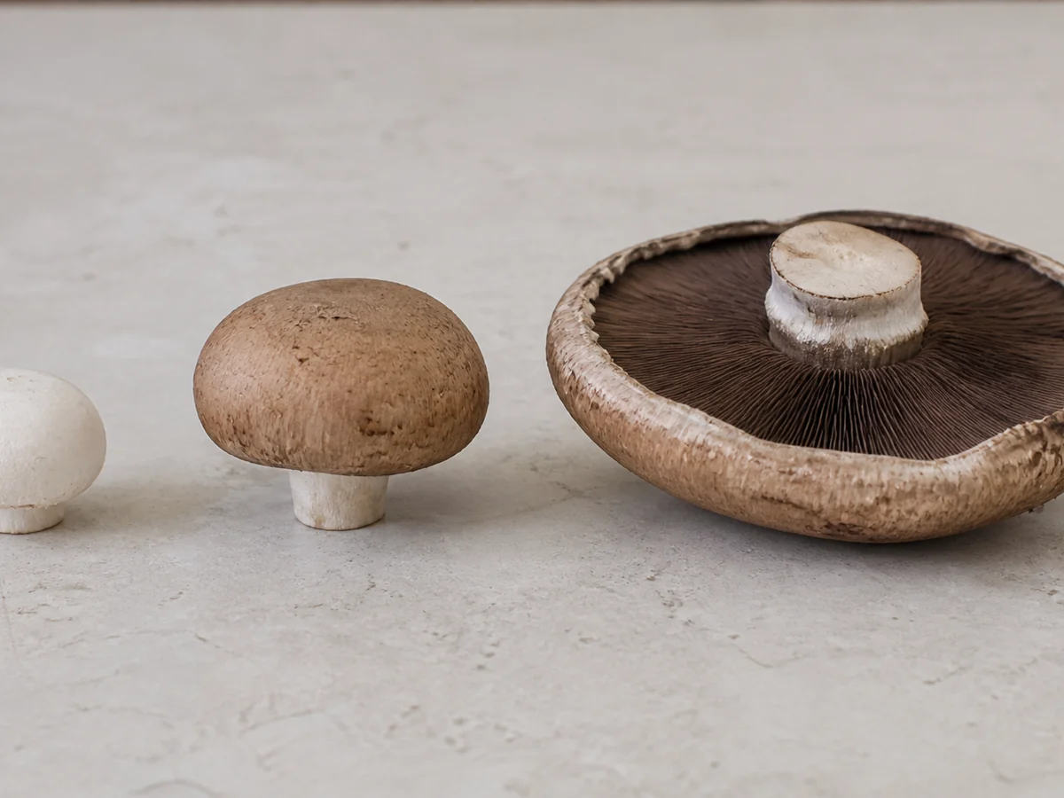 Small closed white button mushroom, medium brown cremini and large flat portobello arranged in a row on a pale stone counter