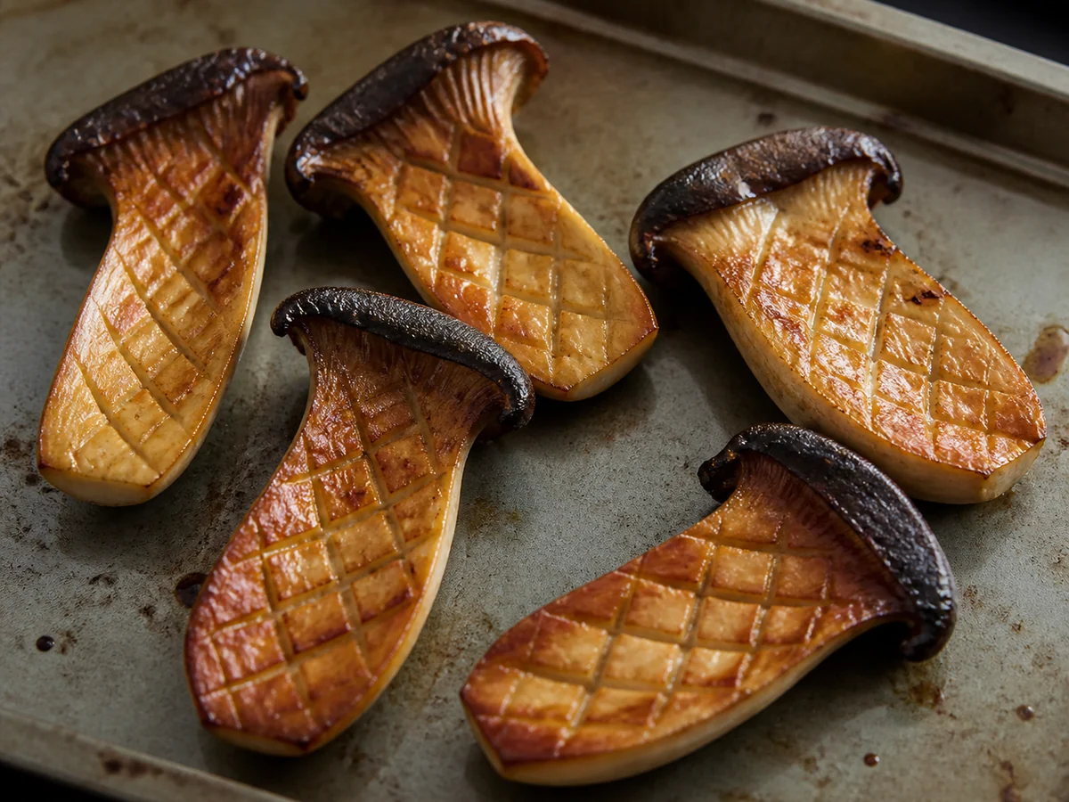 King oyster mushrooms halved lengthways and roasted on a baking tray with cut faces deeply browned and scored