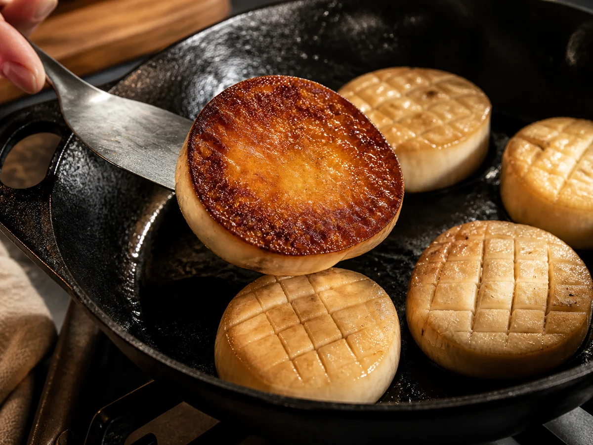 Thick king oyster discs in a hot cast iron pan with the underside deep mahogany brown and a spatula lifting one to show the crust