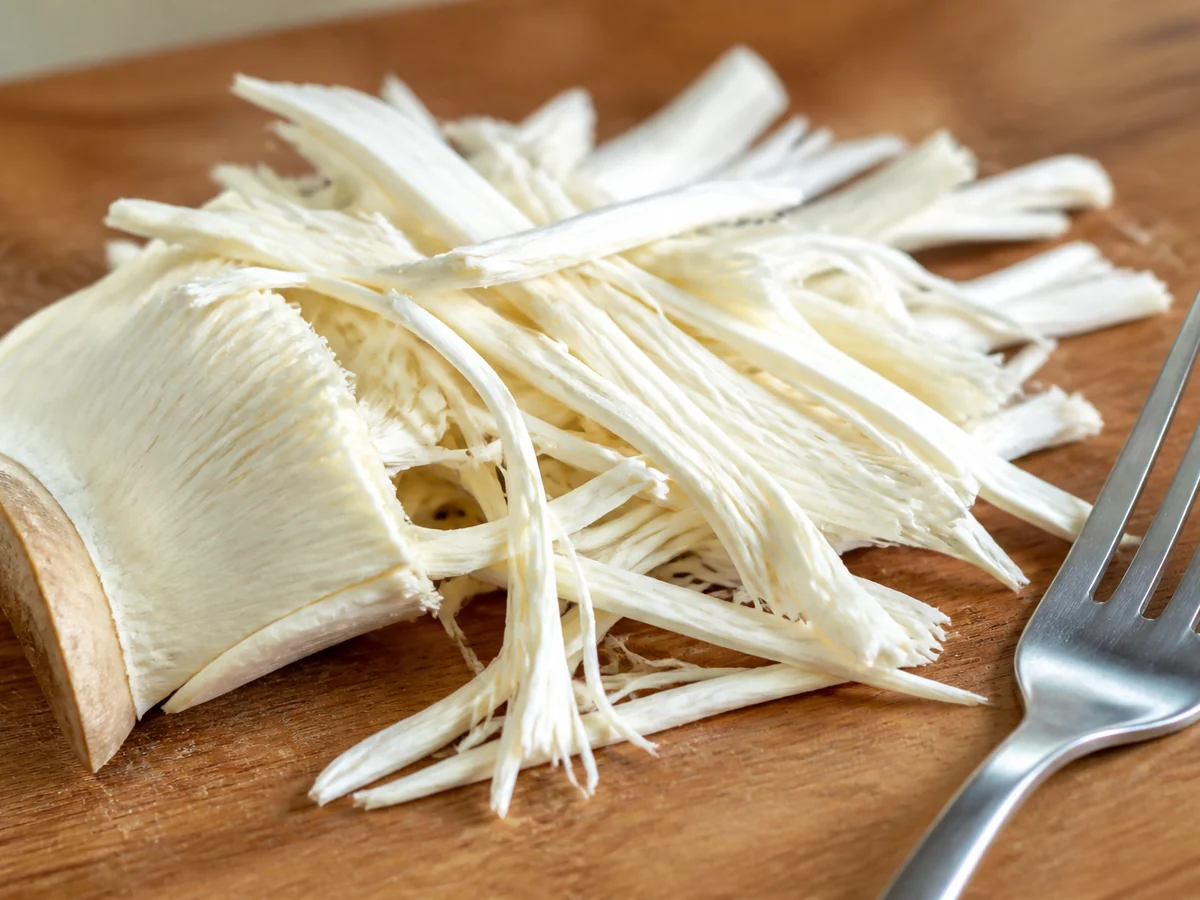 King oyster stem shredded lengthways with a fork into thick pale strands on a wooden board with the fork beside it