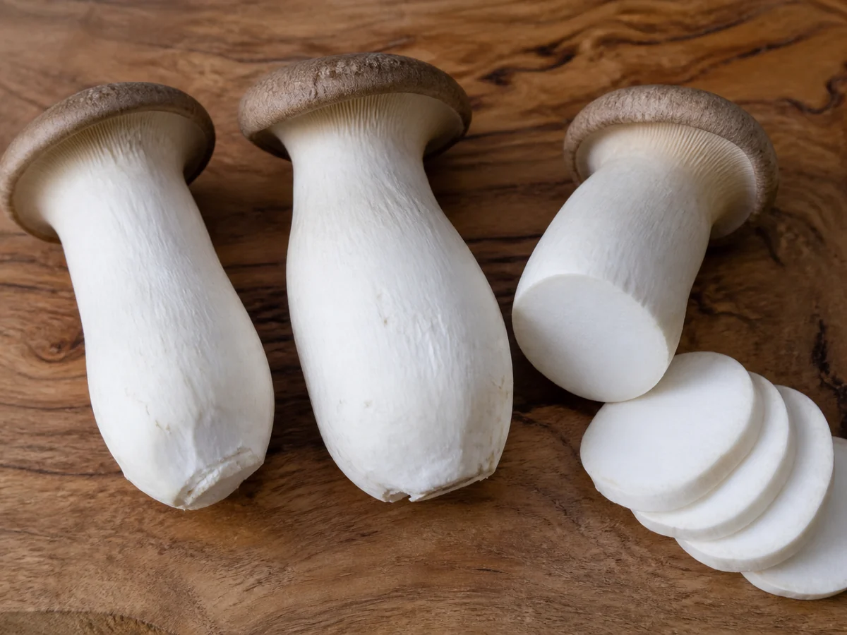 Three whole king oyster mushrooms on a wooden board showing very thick white stems and small brown caps, with one cut across into thick discs