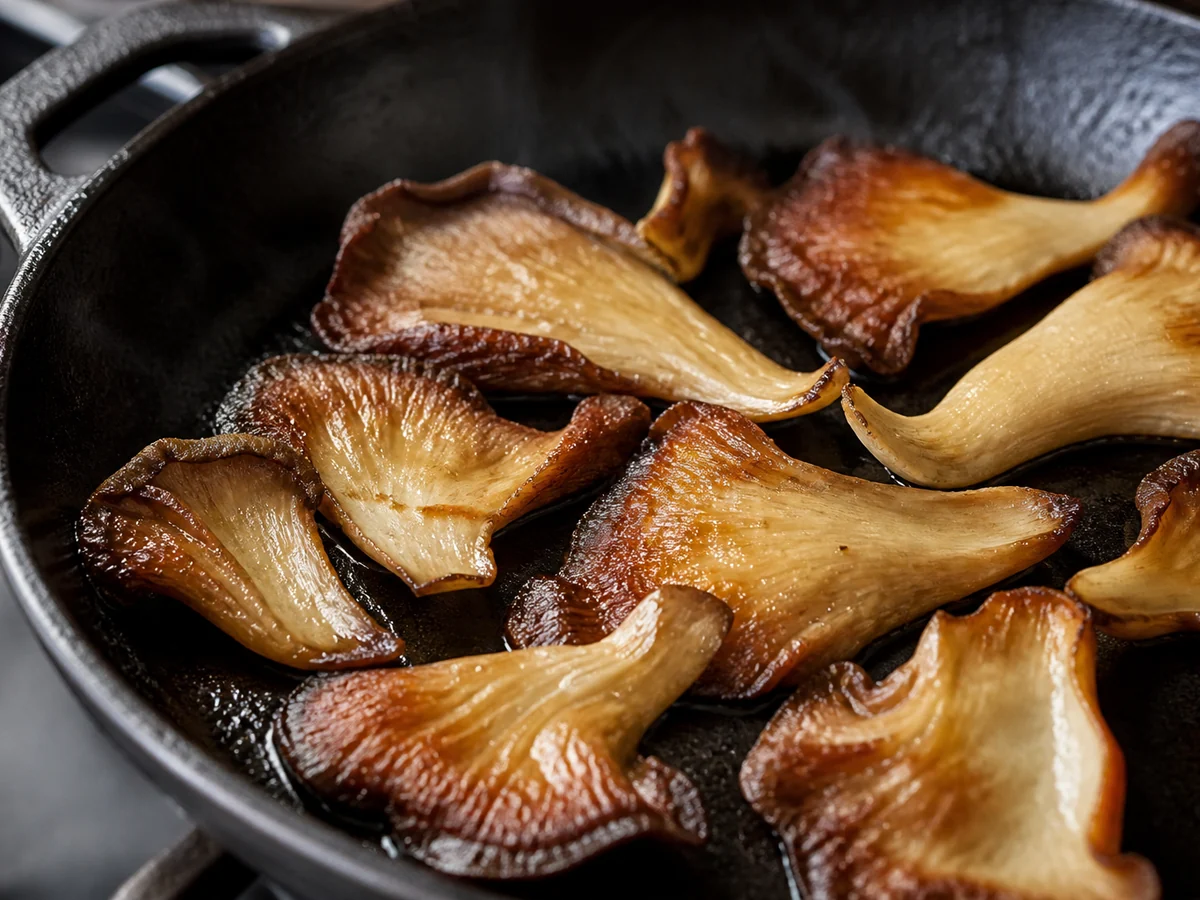 Oyster mushroom pieces in a hot cast iron pan with thin frilled edges gone dark and crisp while thicker centers remain pale