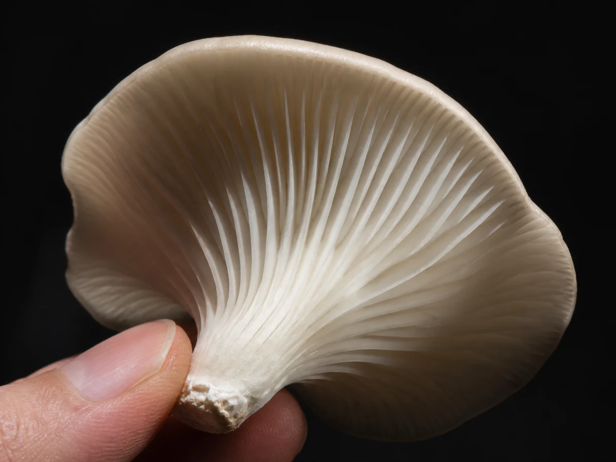 Single oyster mushroom held cap down showing white gills running all the way down the short off-center stem