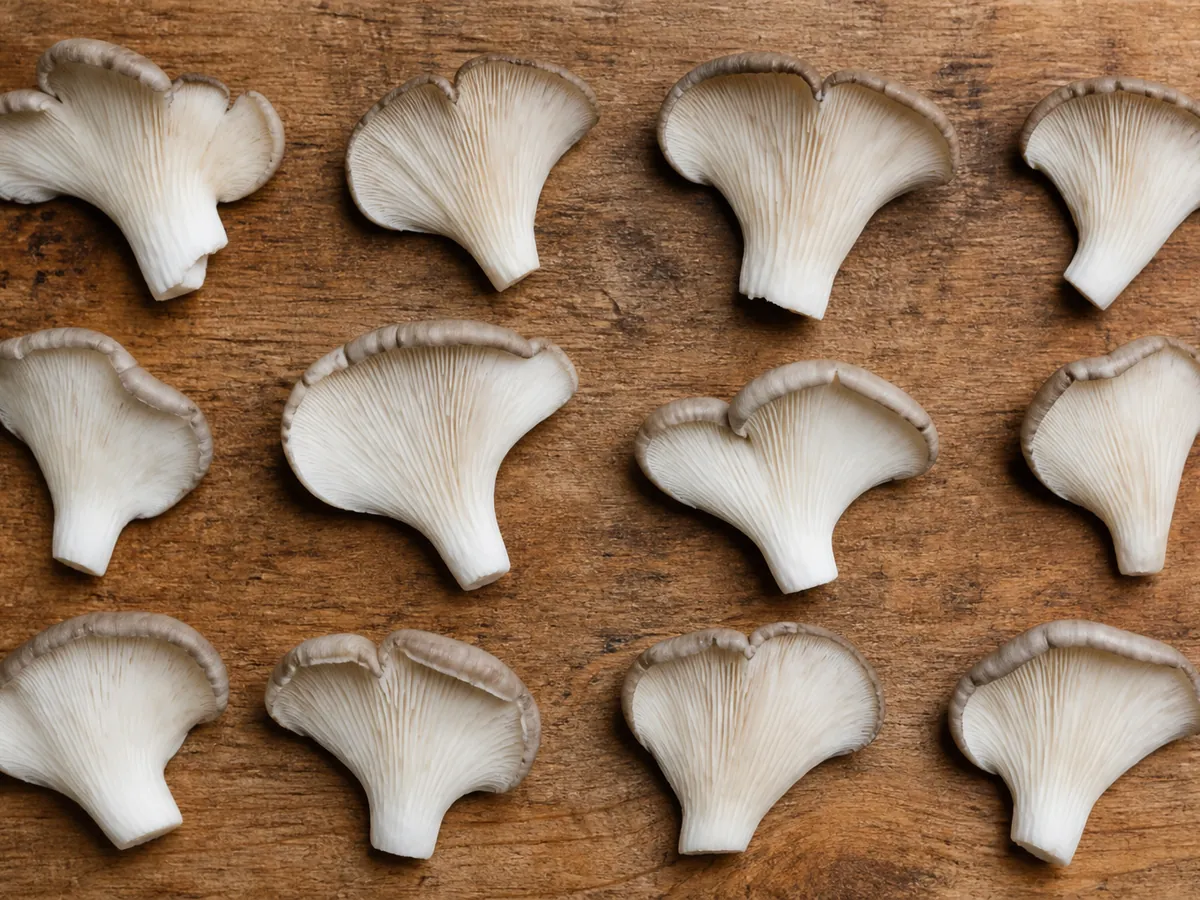 Oyster mushroom cluster pulled apart by hand into individual fan-shaped pieces of similar size laid out on a wooden board