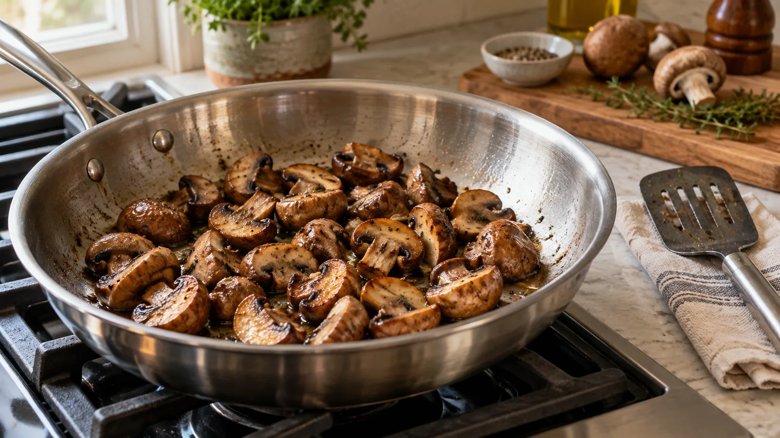 Browned cremini pieces in an uncovered stainless steel skillet