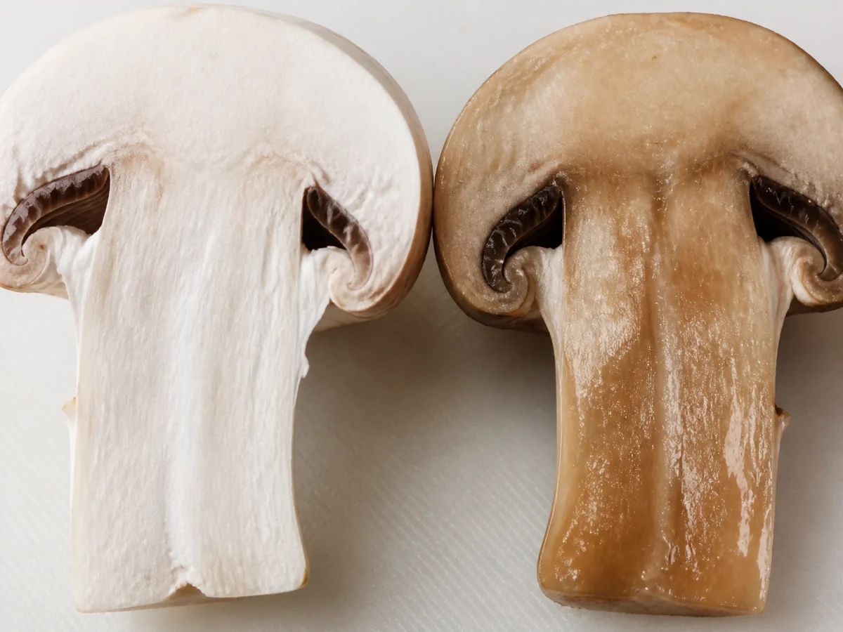 Two halved white mushrooms side by side, the left cut face bright white and firm and the right cut face browned and slightly wet