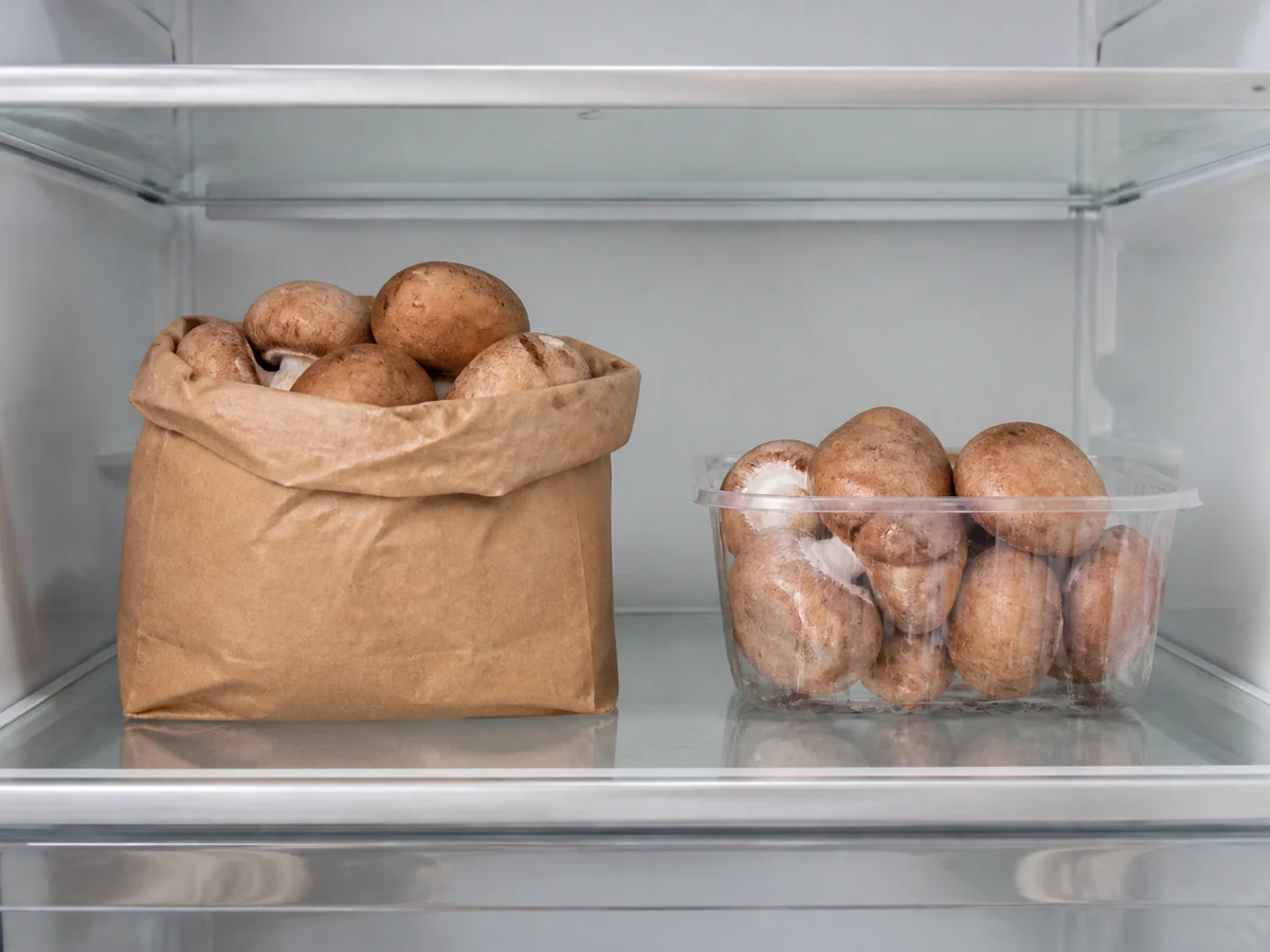 A brown paper bag of mushrooms beside a plastic punnet of mushrooms side by side on a fridge shelf