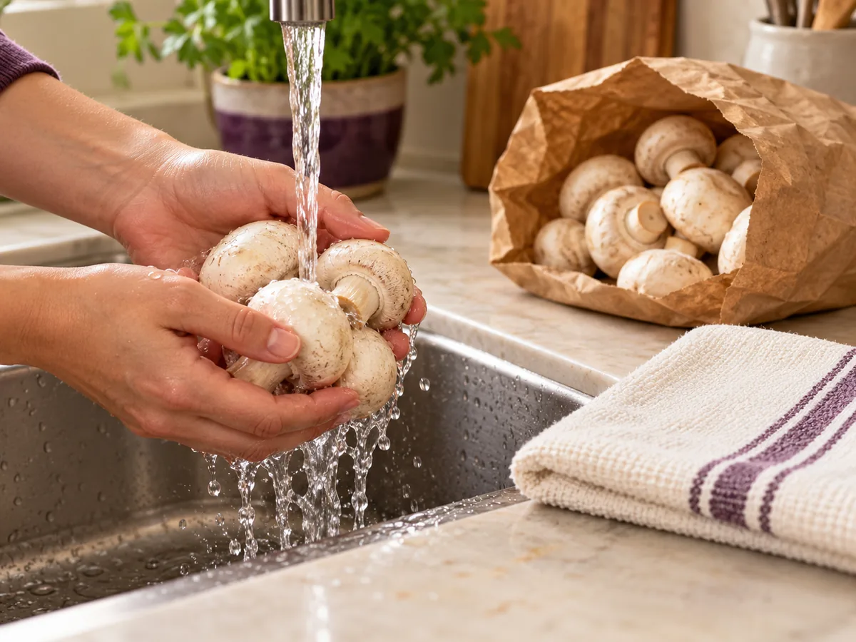 A small portion of mushrooms rinsed under running water beside a clean towel and a separate bag of unwashed mushrooms