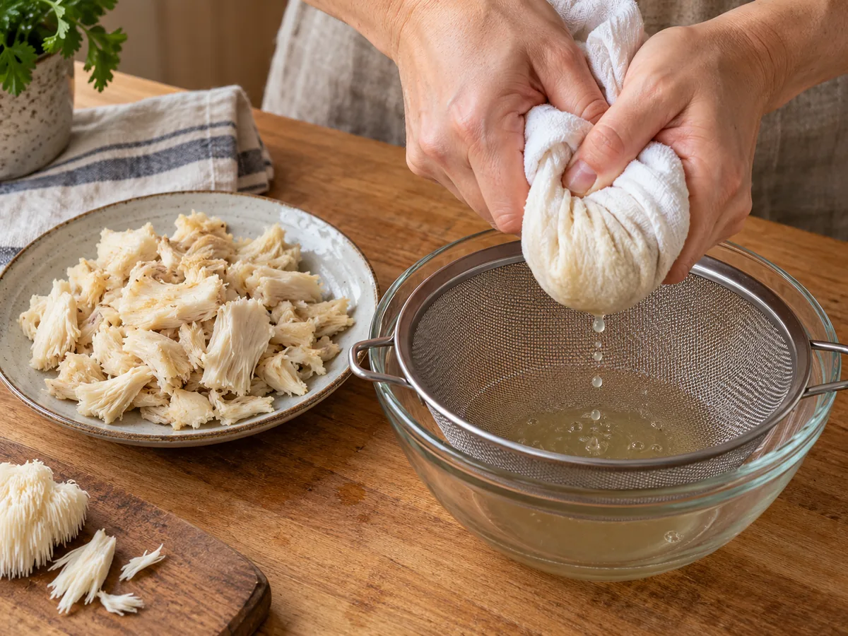Hands squeezing cooled mushroom flakes in a clean cloth above a sieve and bowl, with drained flakes beside it