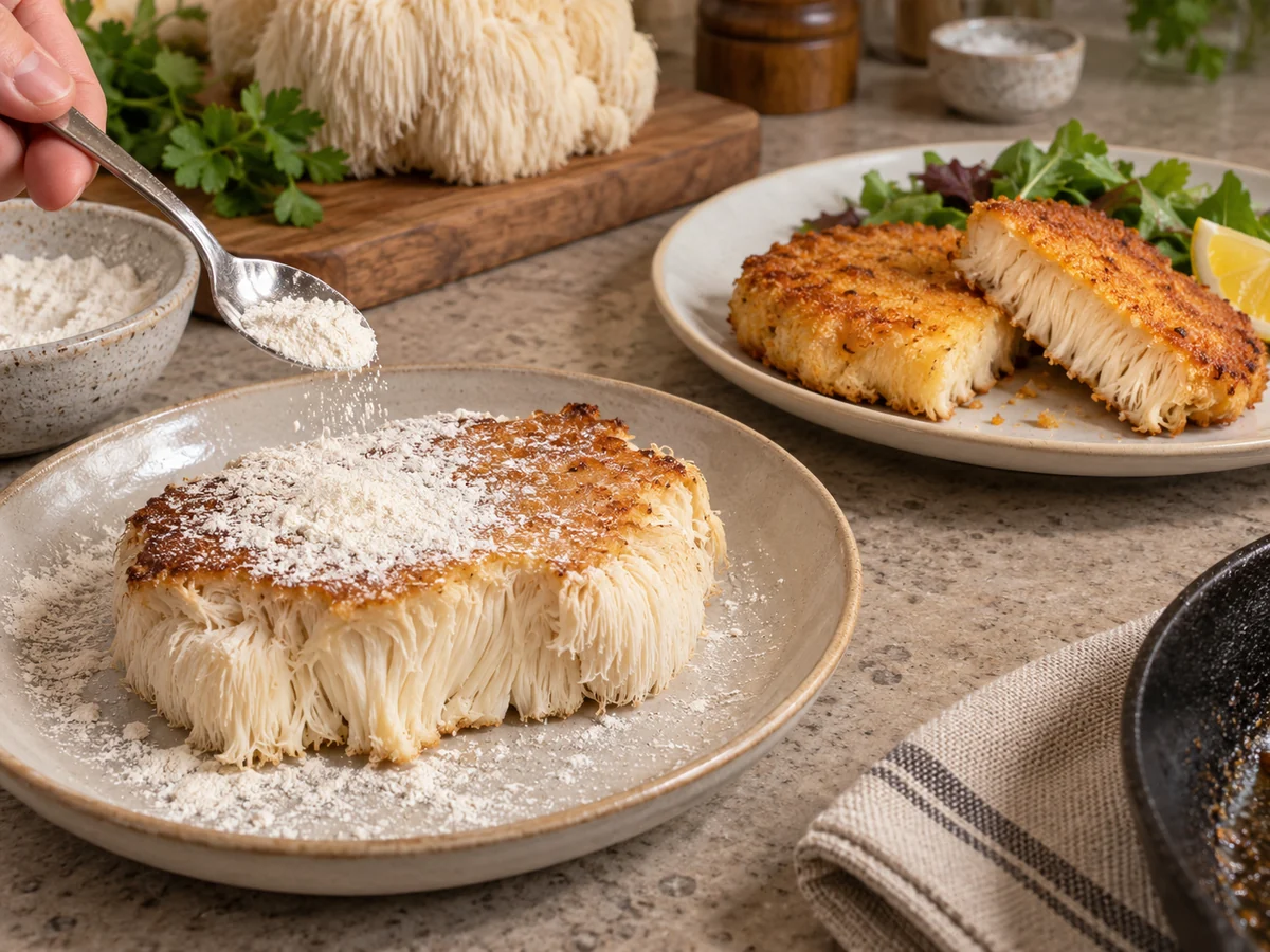 Pre-seared lion's mane slab lightly coated with flour beside a browned cutlet cut open to show the mushroom interior