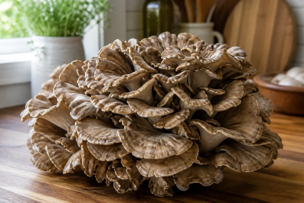 A large maitake hen of the woods cluster with overlapping gray-brown fronds and ruffled edges resting on a kitchen counter in window light