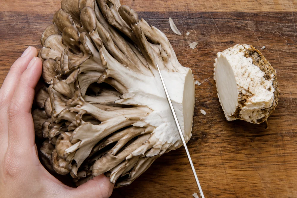 A maitake cluster on a cutting board cut at the dense pale core with the woody base separated to one side