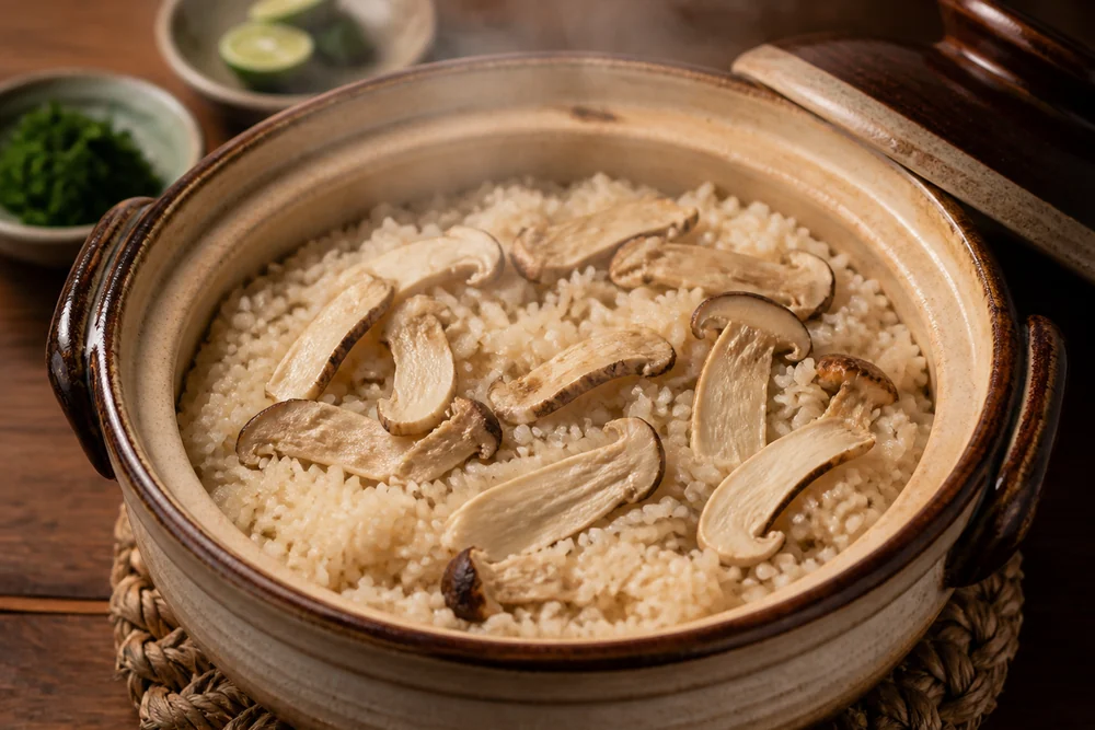 A donabe pot of Japanese rice cooked with matsutake mushroom strips, lid off, steam rising