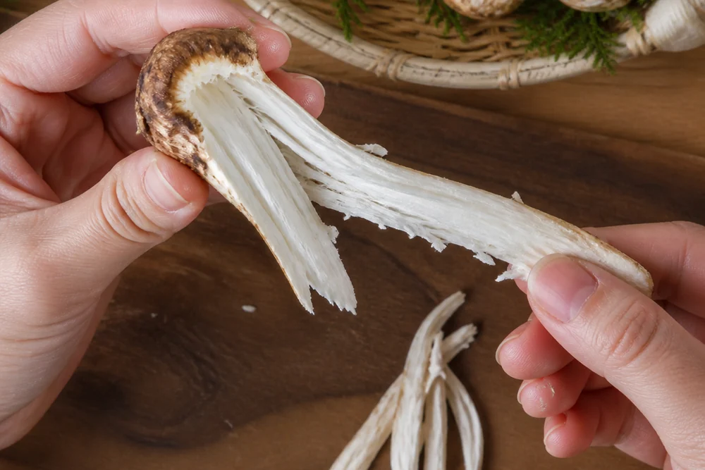 Hands tearing a matsutake mushroom lengthwise into strips along the grain rather than slicing it