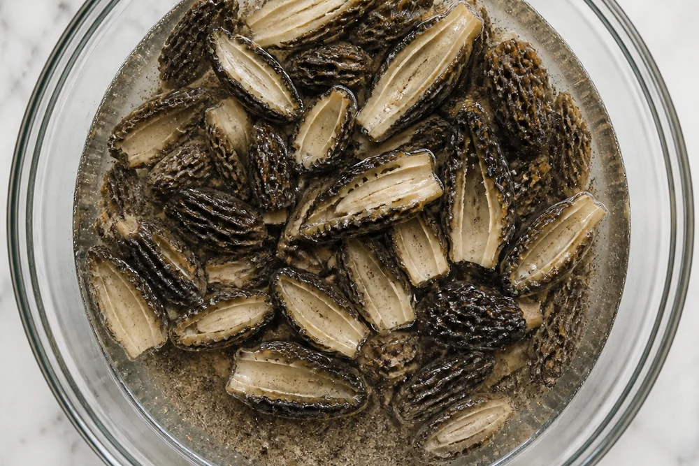Halved black morels rinsed briefly in a bowl of cold salted water with grit settling at the bottom of the bowl