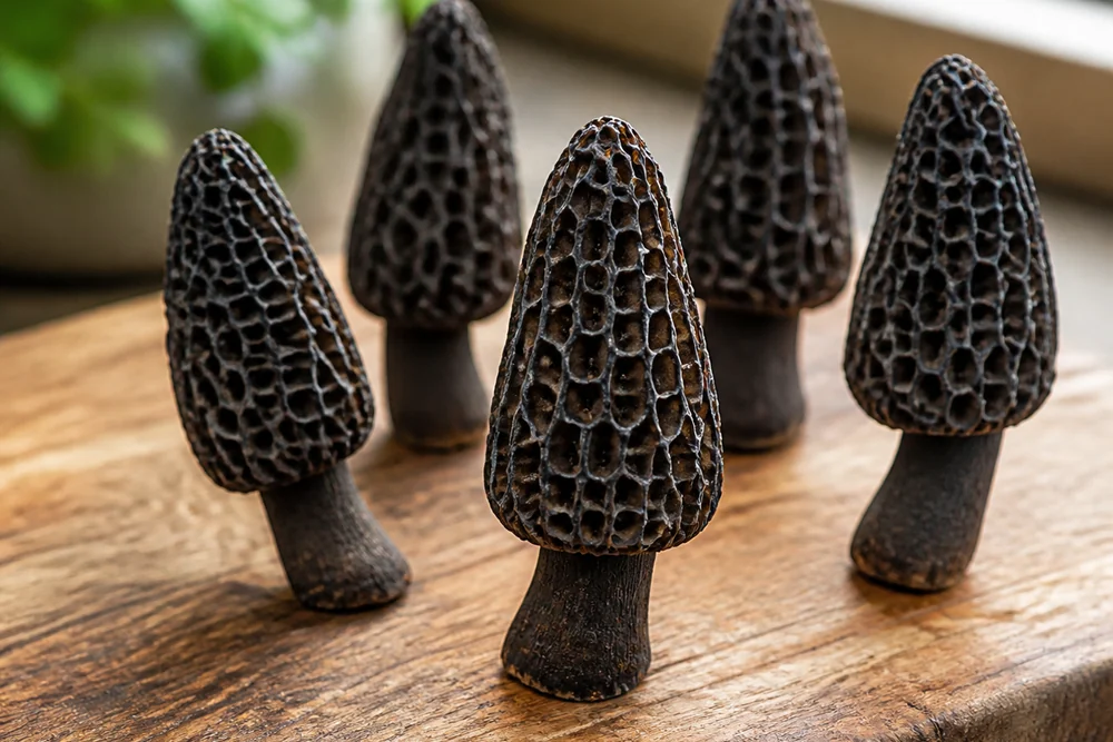 Several whole black morels with dark honeycombed conical caps standing upright on a wooden board