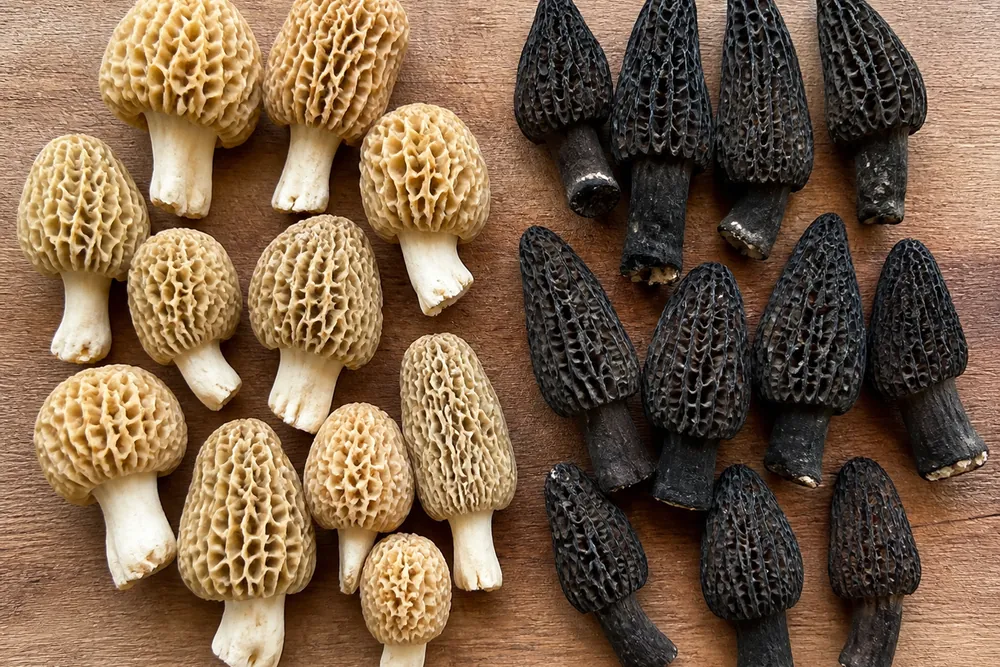 Yellow morels and black morels arranged side by side on a wooden board, the yellow ones paler and rounder with tan ridges and the black ones darker and more conical