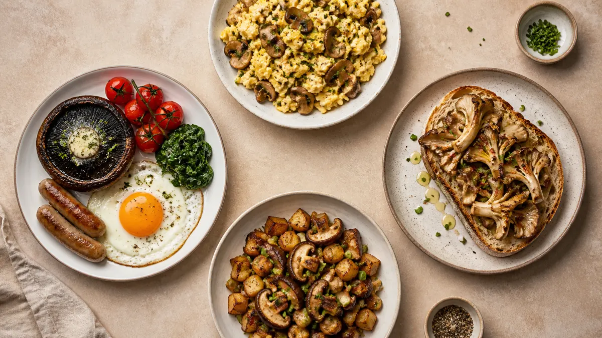 Mushroom scramble, oyster toast, potato hash, and a substantial portobello brunch plate