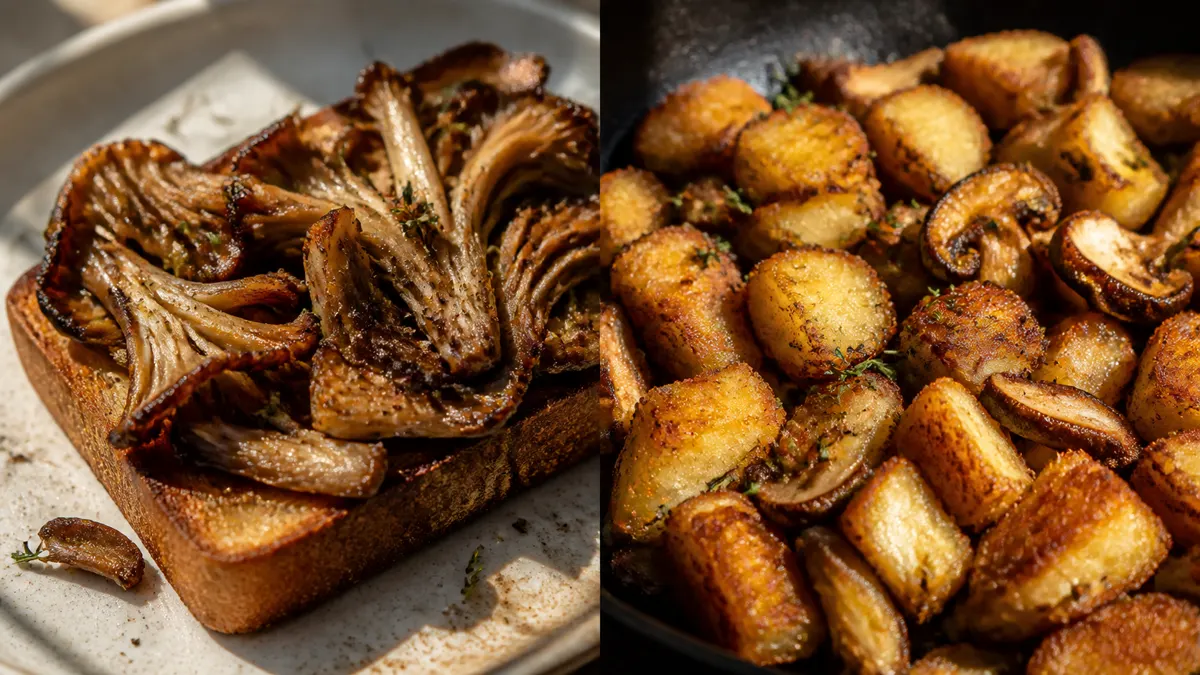 Browned oyster mushroom toast beside crisp potato hash with mushrooms