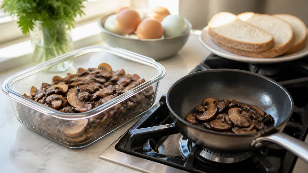 Cooled browned mushrooms in a shallow container beside one portion reheating in a small skillet