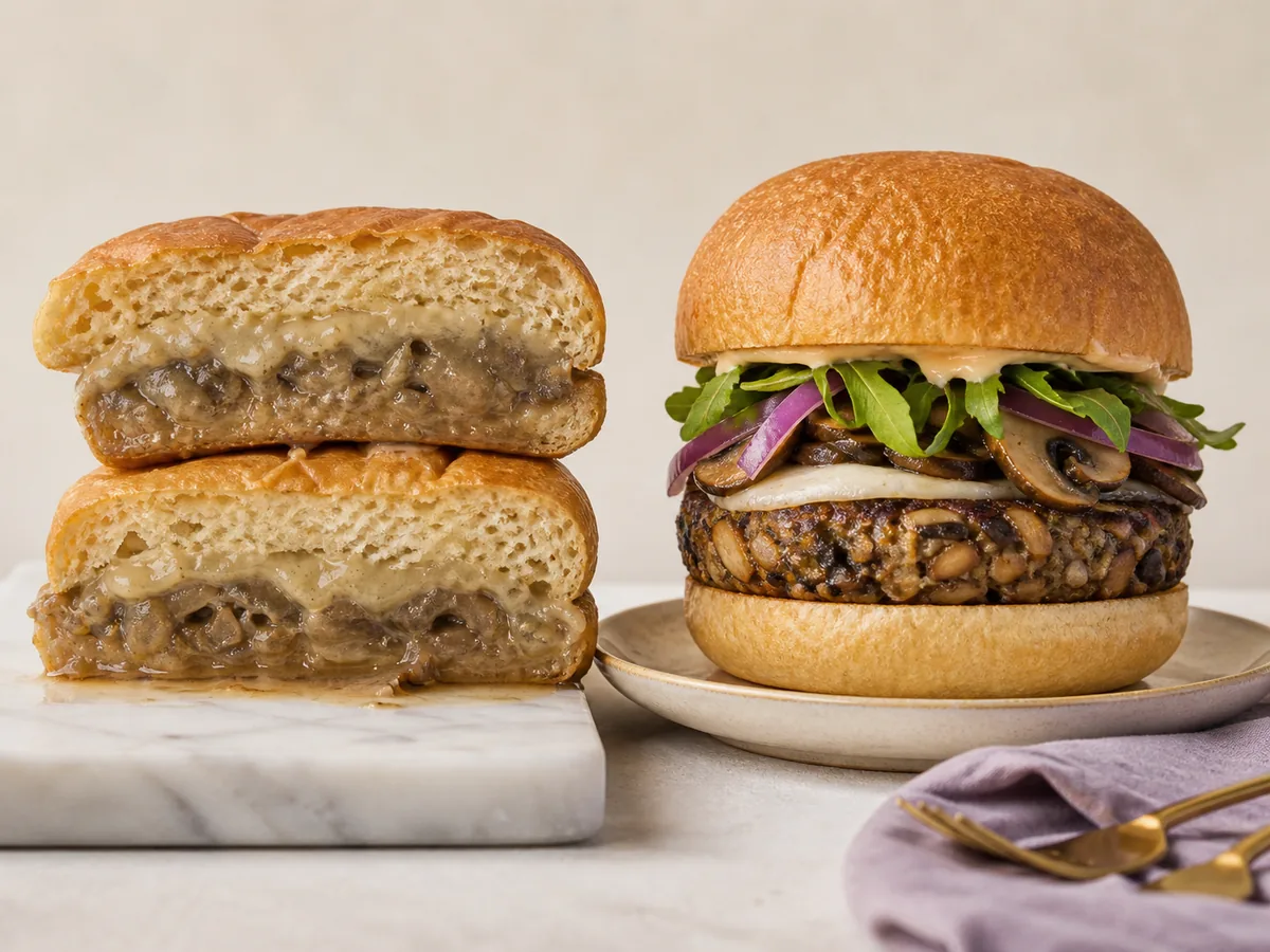 A compressed soggy mushroom burger bun beside a cleanly assembled burger shown in cutaway