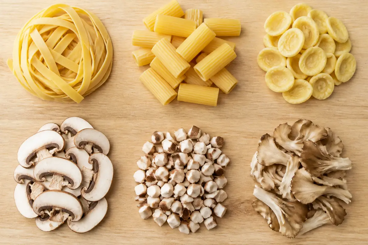 Tagliatelle with broad slices, rigatoni with small mushroom dice, and orecchiette with torn fronds